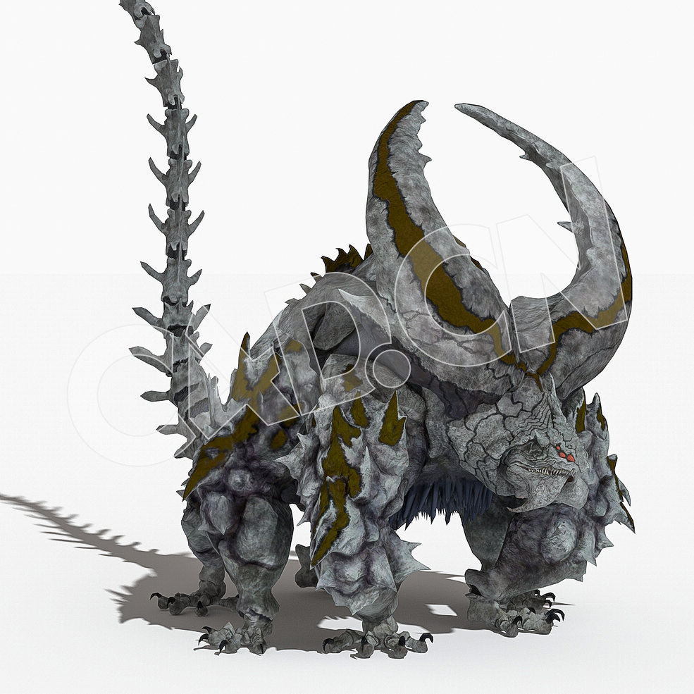满身绿苔的长尾双角科幻怪兽C4D绑定动画模型Raznid