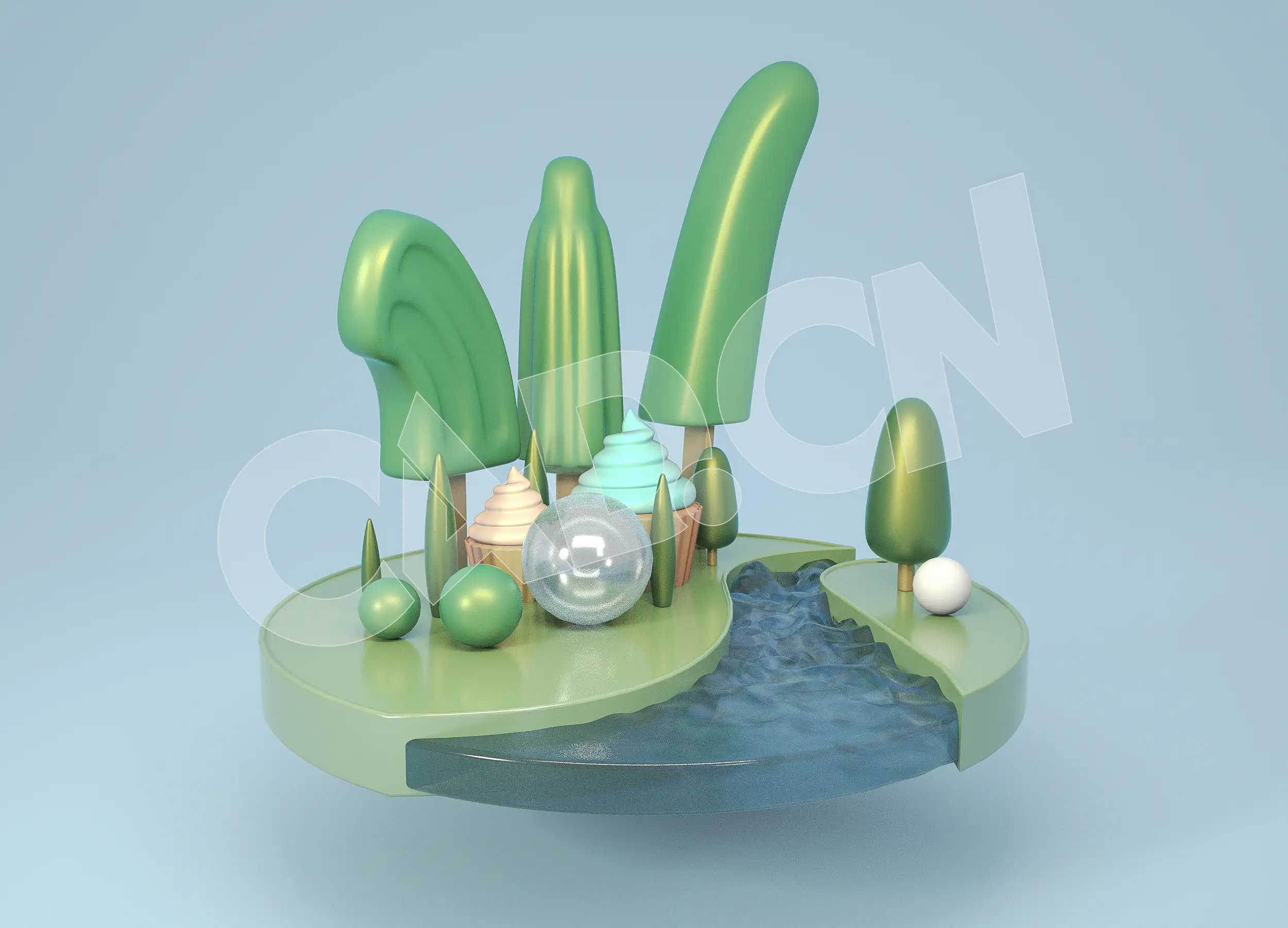 雪糕冰淇淋森林河流C4D卡通三维场景
