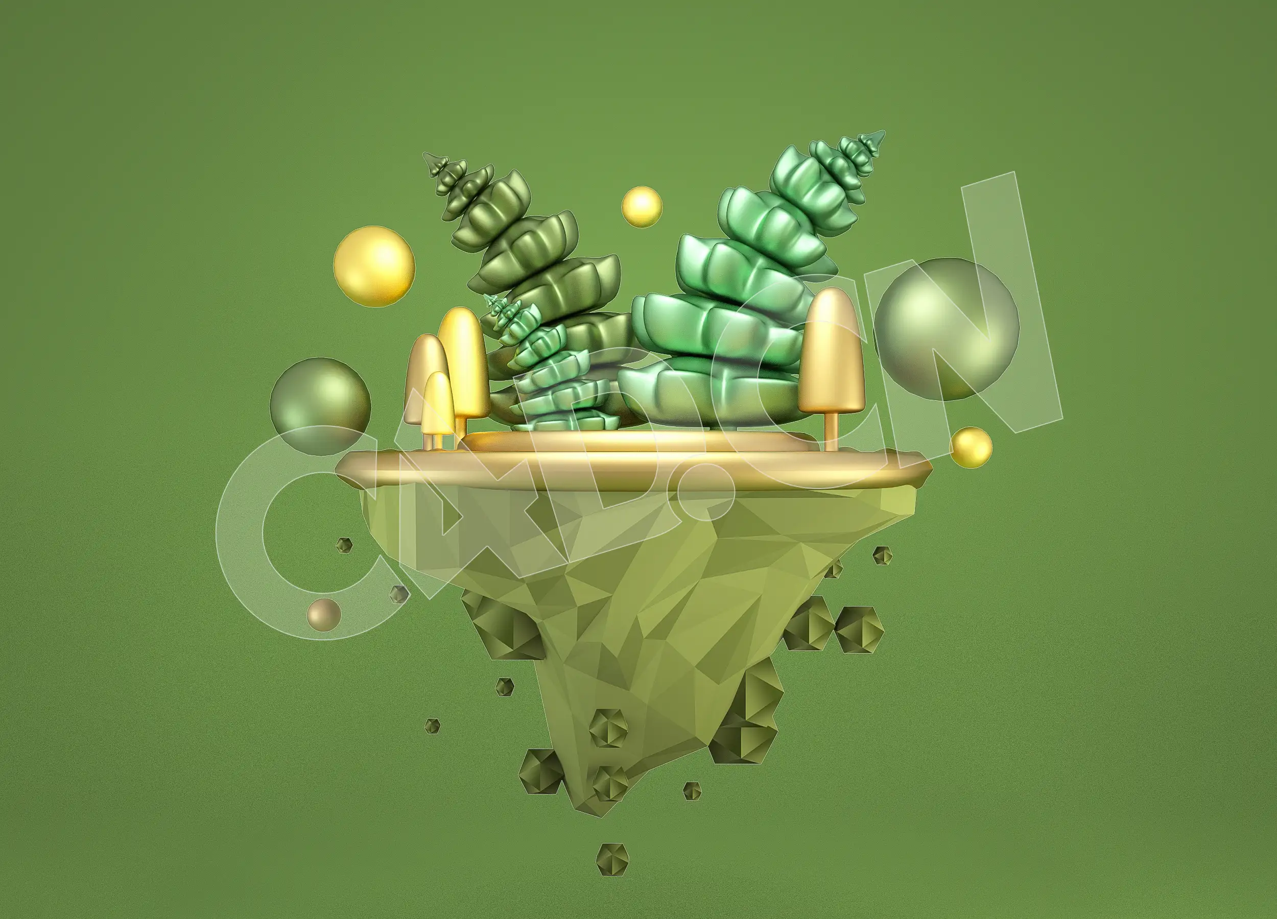 卡通树木悬浮场景C4D卡通模型