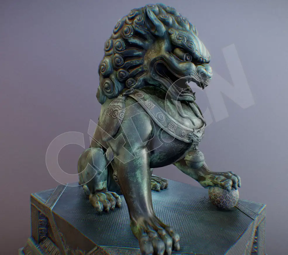 铜狮子脚踩绣球青铜狮子雕塑石狮C4D模型 Lion sculpture