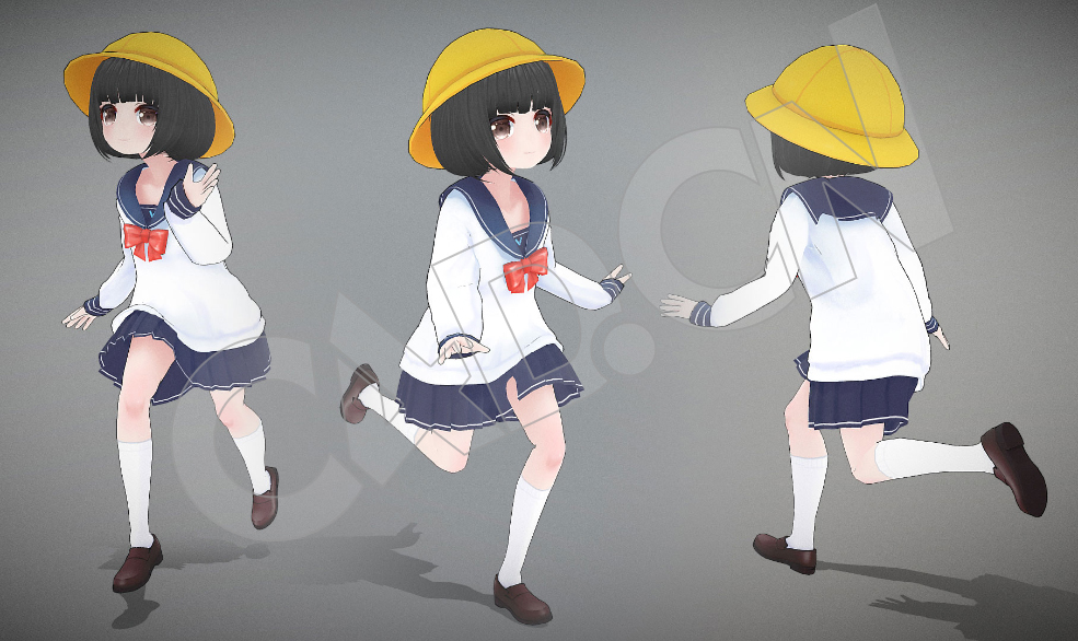 戴帽子奔跑的小女孩卡通动漫人物C4D模型(包含骨骼绑定和动画)