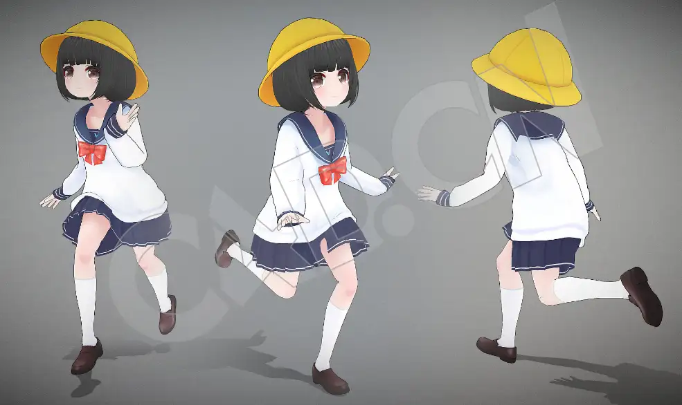 戴帽子奔跑的小女孩卡通动漫人物C4D模型(包含骨骼绑定和动画)