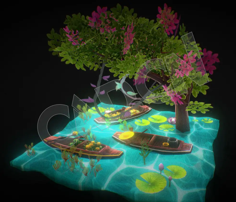 河边的小船低面卡通C4D模型