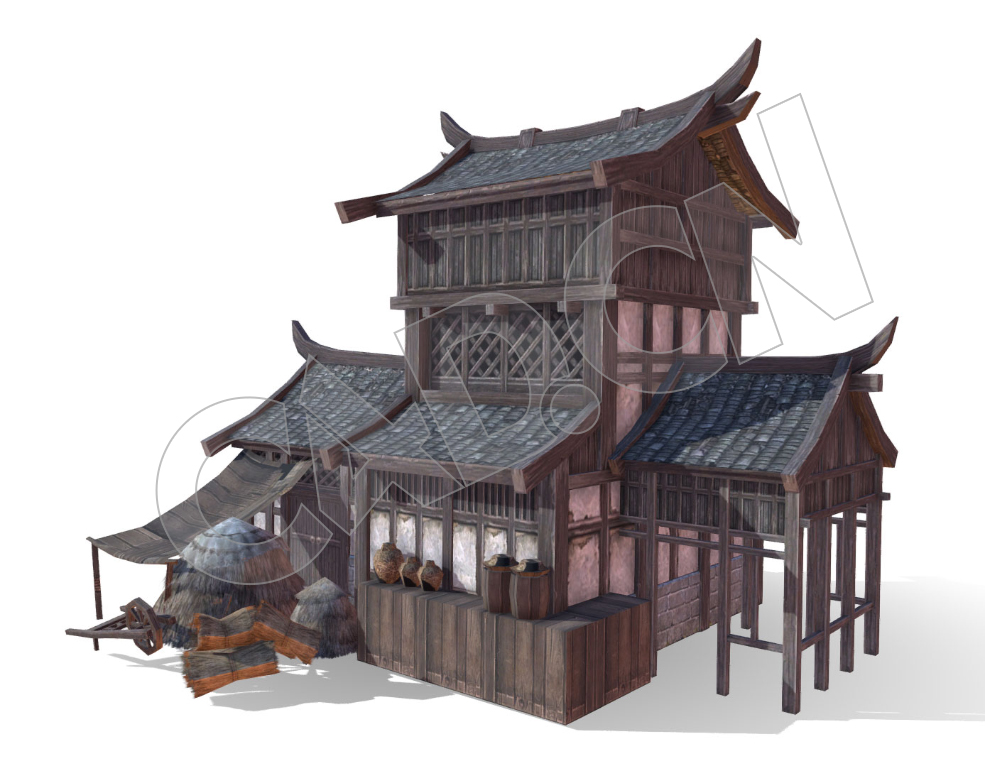 低面中式三层古代楼房建筑C4D模型