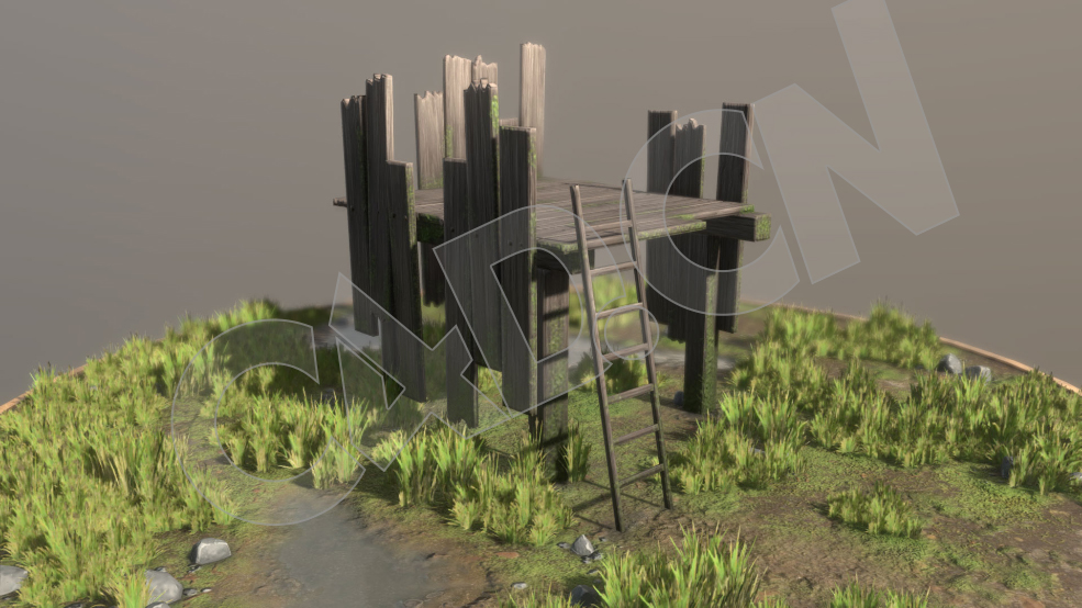 C4D木板塔建的平台低面游戏场景模型