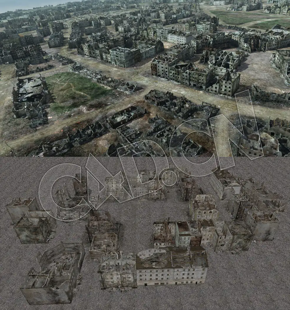 战争摧毁的城市废墟破烂城市建筑C4D模型 Ruined City Warsaw WW2 1945 3D-Models