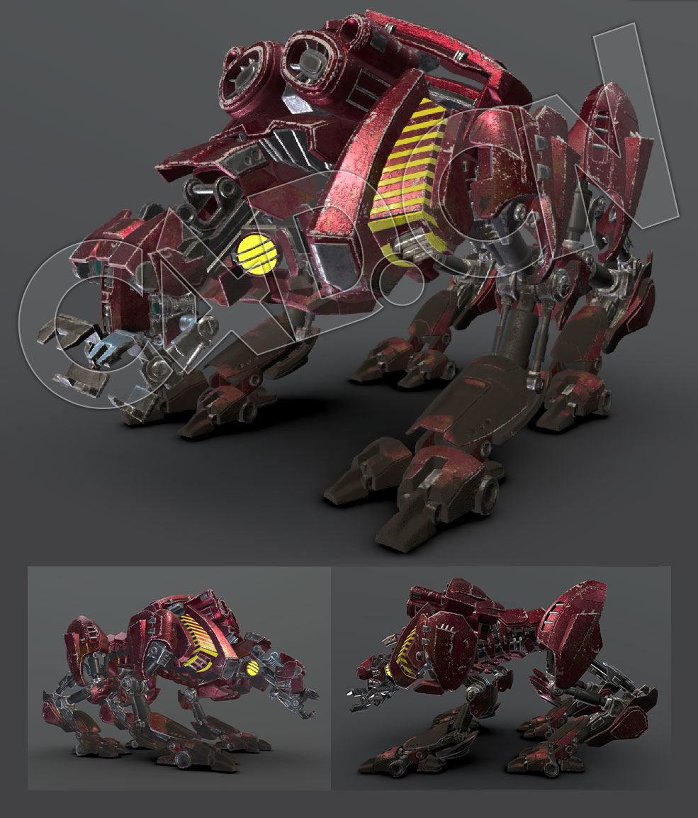 外星球未来战士机器狗深红色刮痕破旧科幻战斗机械机器人C4D模型