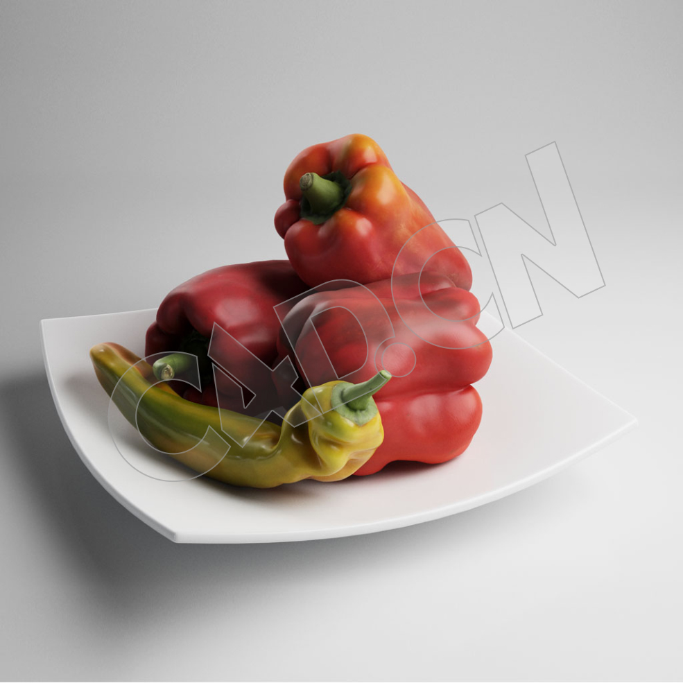 C4D盘子里的彩椒辣椒蔬菜模型 Peppers