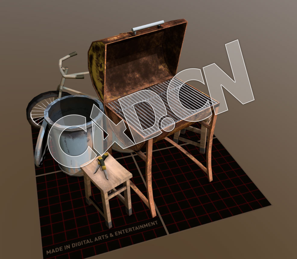 C4D低面生锈烧烤炉自行车铁桶模型