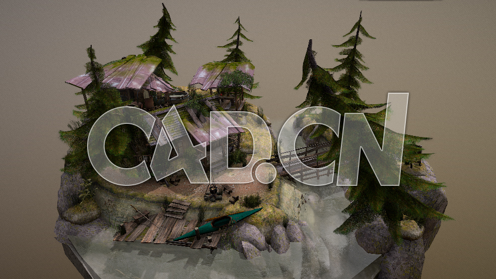 C4D低面林中小屋小桥流水松树棚屋地形场景模型