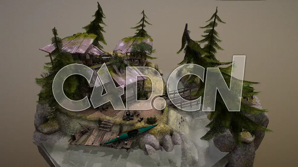 C4D低面林中小屋小桥流水松树棚屋地形场景模型