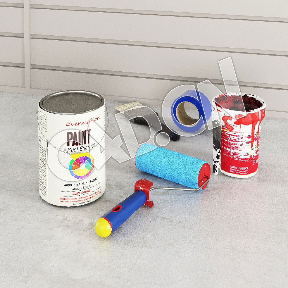 C4D装修工具模型 油漆桶毛刷子滚筒