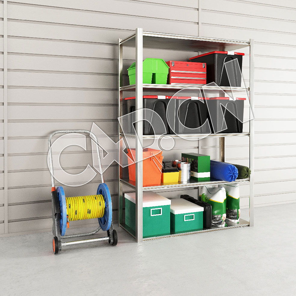 C4D工具货架水管收纳架家用洗车浇花水管车套装模型