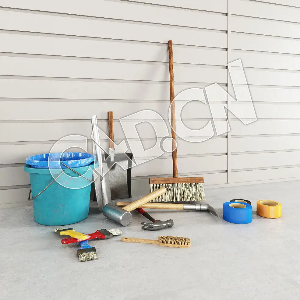 C4D塑料桶铁锹扫把毛刷锤子工具模型