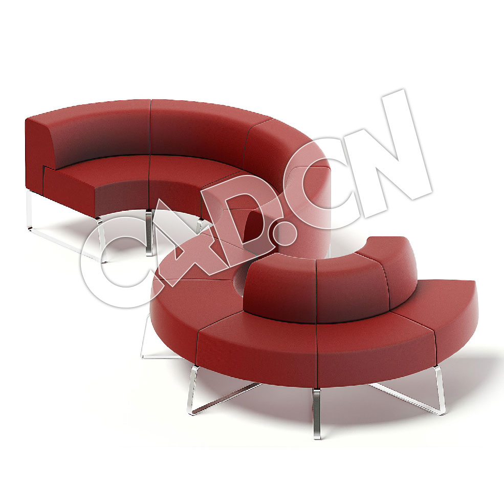C4D红色S弯曲形等候沙发模型 Red Fabric Waiting Sofa 3D Model