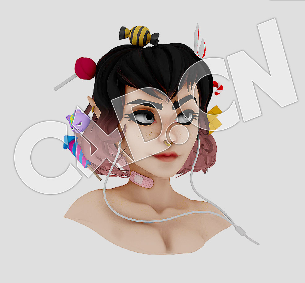 C4D听音乐的卡通女孩头像模型 Airpods