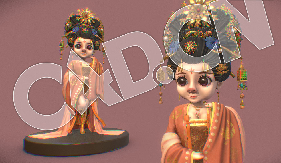 C4D头戴皇冠金簪的猪鼻子皇妃王后卡通古装人物模型