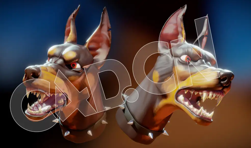 C4D张嘴凶恶的杜宾犬狗头模型