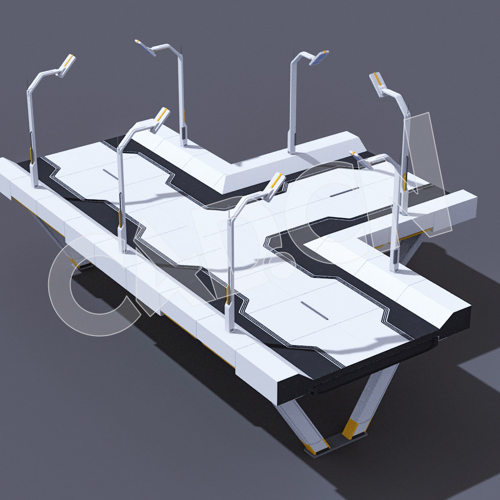 C4D未来城市T字形路口街道模型