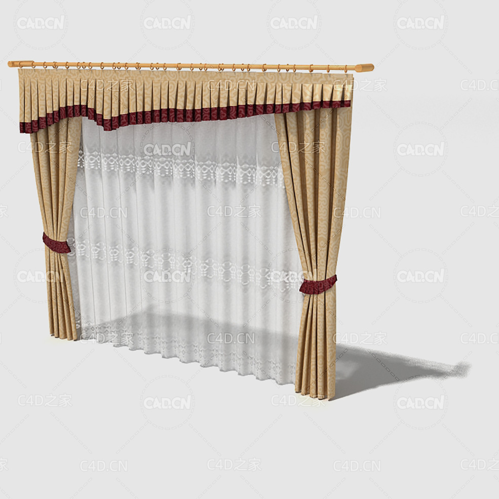 C4D带蕾丝纱窗的客厅窗帘卧室窗帘室内窗帘模型 Curtain 3D Model-40 - C4D之家 - 040_render.jpg