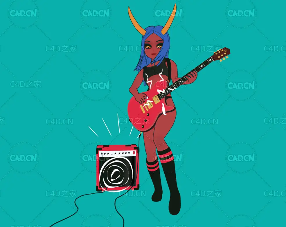 C4D弹吉他的女孩卡通人物角色模型 demon girl guitar