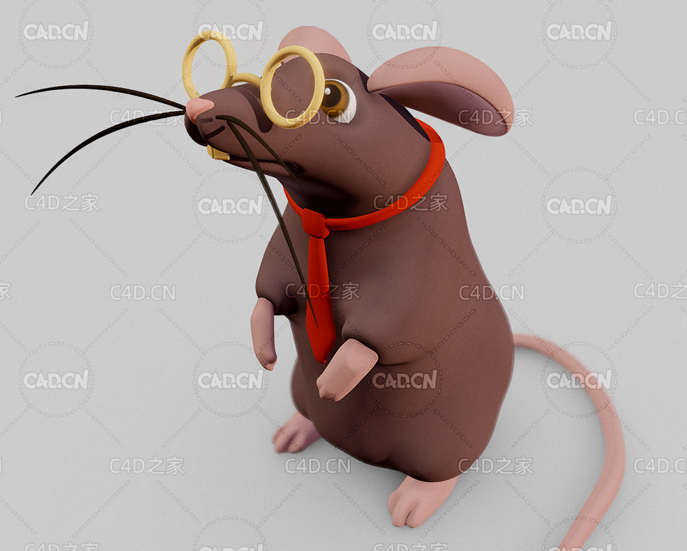 C4D系领带戴眼镜的胖老鼠卡通动物角色模型 rat 3d model