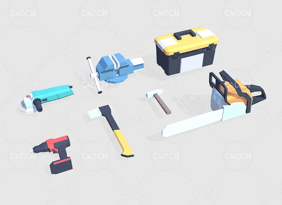 C4D低面多边形卡通风格工具包模型 instruments Low poly