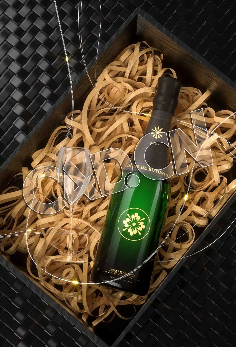 C4D OCTANE木箱中的拉菲香槟酒产品渲染视频教程+工程文件