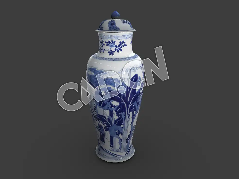 C4D中国古代青花瓷花瓶模型 Baluster Vase, One of Three in a Five Piece