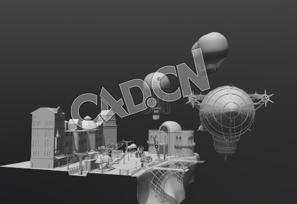 C4D航空站热气球模型 Blocking "Air station"