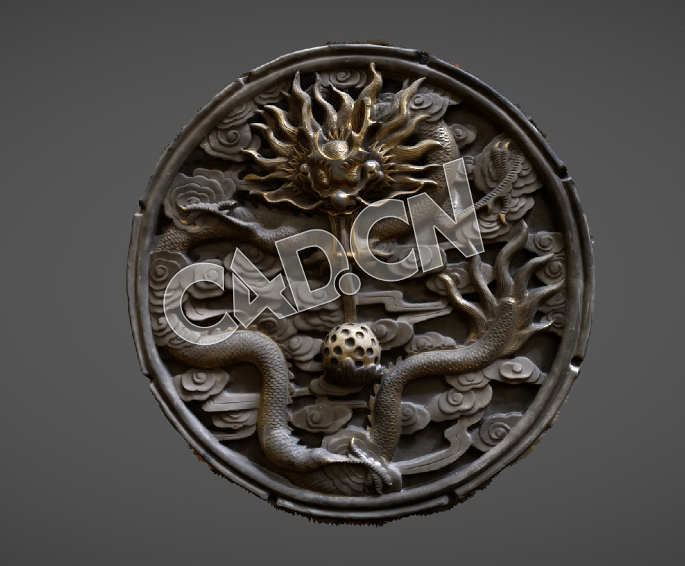 C4D龙吐珠圆形照壁浮雕3D扫描模型 Dragon Circle
