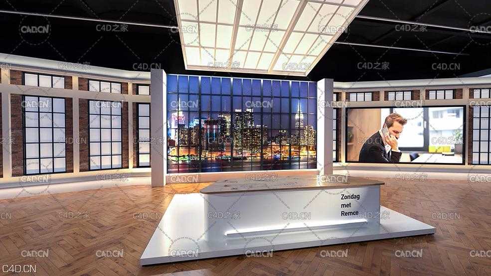 C4D电视广播电视新闻演播室舞台模型 Cinema-4D-3D-Model-TV-Studio-Set