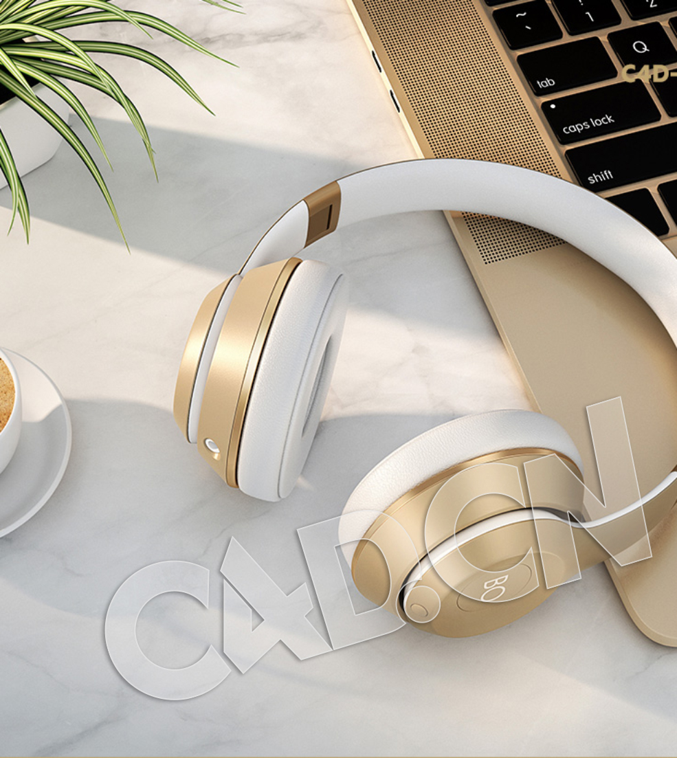 C4D OCTANE笔记本上的金色耳机模型 Beats
