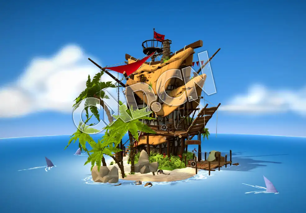 C4D卡通海盗岛模型 Pirate Island Cargo Bay
