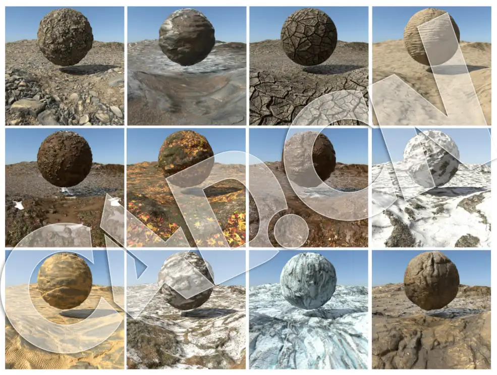 C4D 12个RS红移地面材质球预设 Redshift-Mutating-Materials-Terrains-Sampler