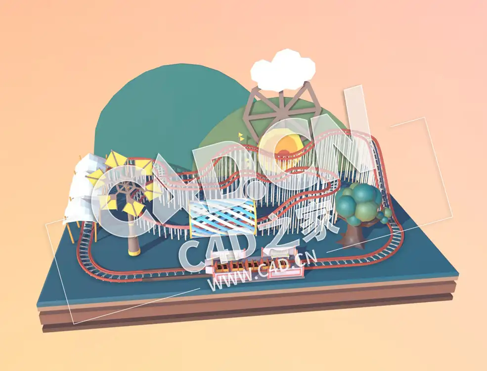 C4D过山车卡通风格模型 Rollercoaster Diorama Cartoon Style