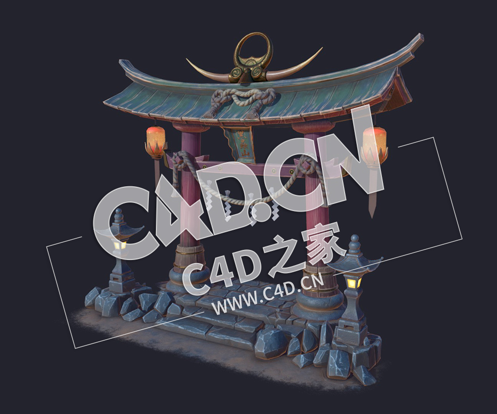 C4D卡通游戏门牌楼山门中国古建筑牌坊模型 Torii gate-2 - C4D之家 - 45.jpg
