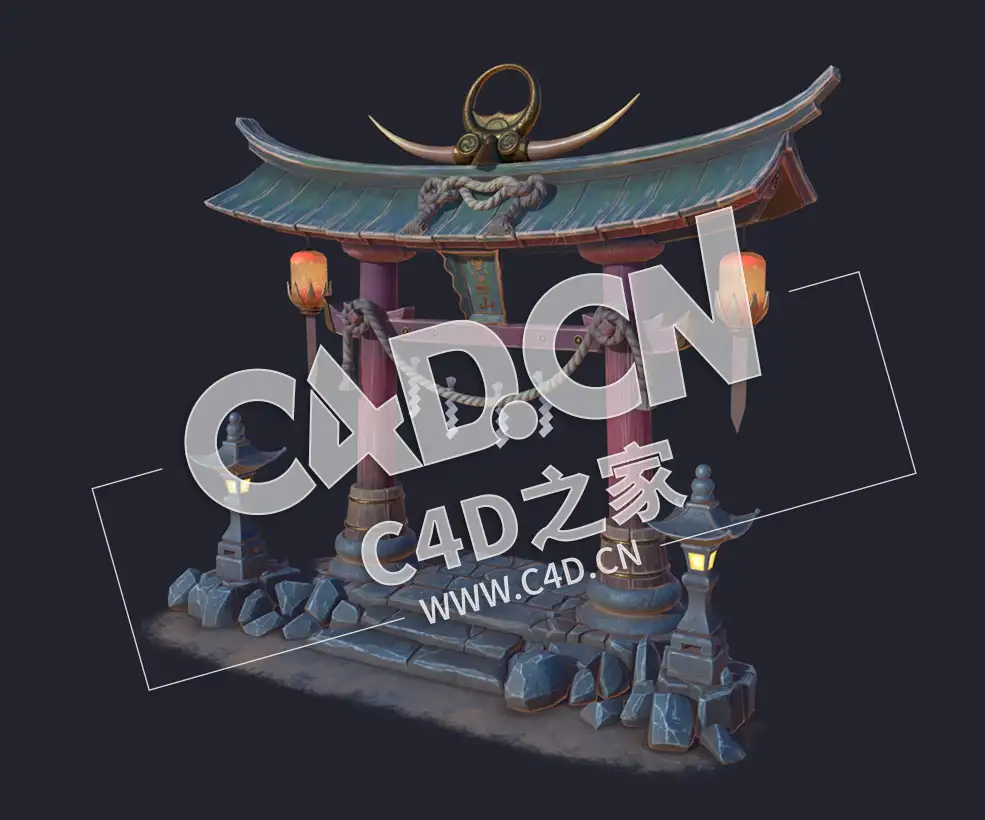 C4D卡通游戏门牌楼山门中国古建筑牌坊模型 Torii gate-2 - C4D之家 - 45.jpg
