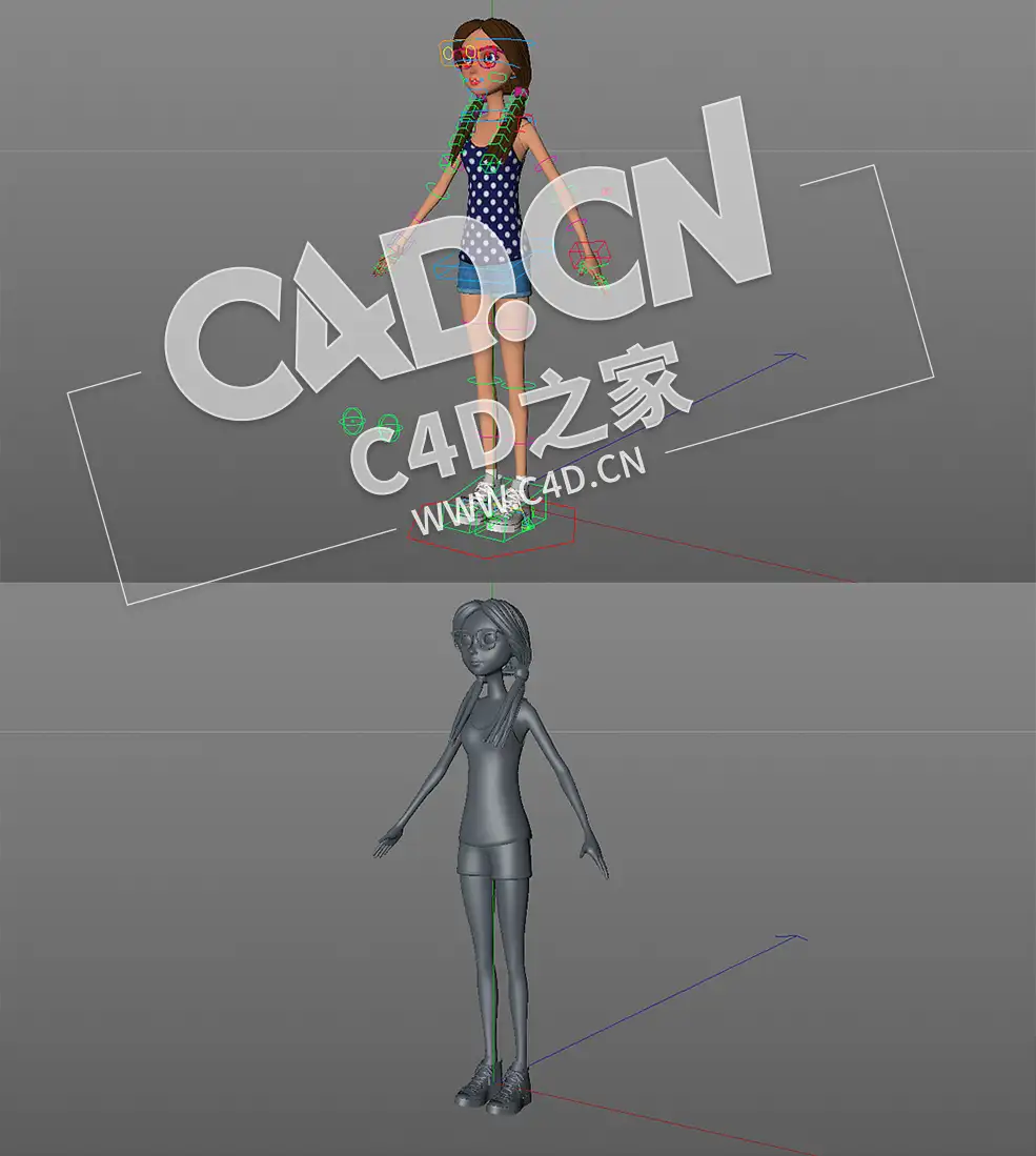 C4D卡通人物戴眼镜短裤小姑娘女孩学生绑定模型 Jasmine Rose