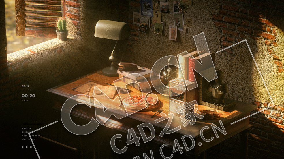 C4D Redshift复古风室内书桌披萨书籍虾米日志音乐日历场景模型