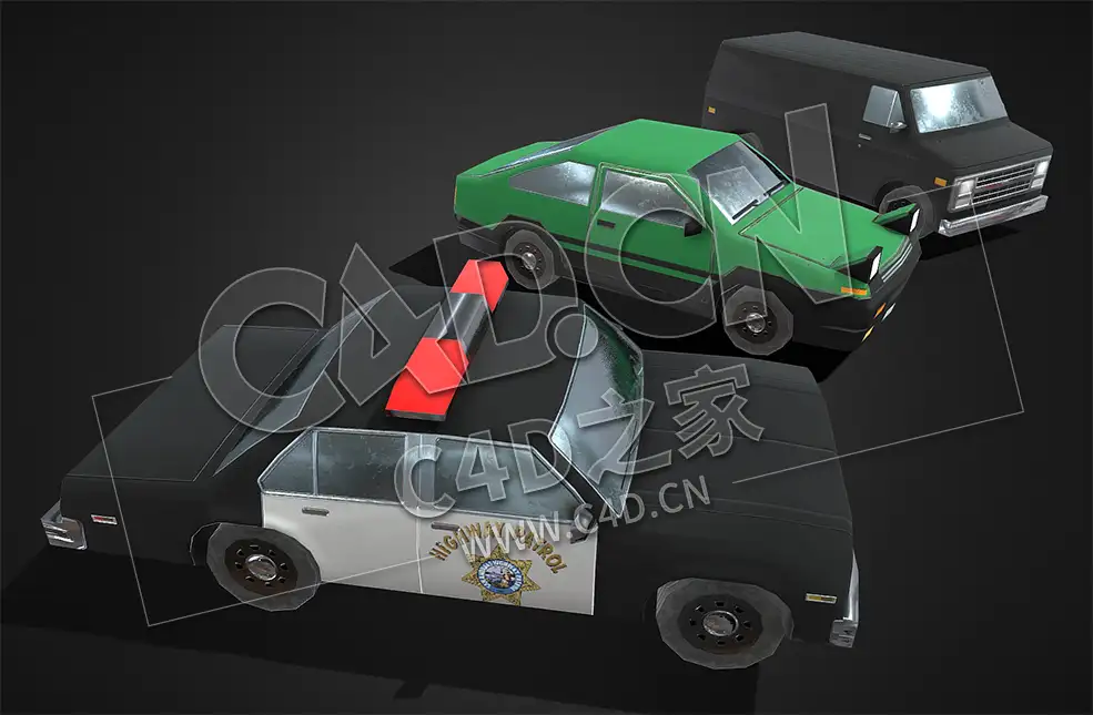 C4D三辆低面多边形汽车轿车警车模型 Low Poly car - C4D之家 - 15.jpg