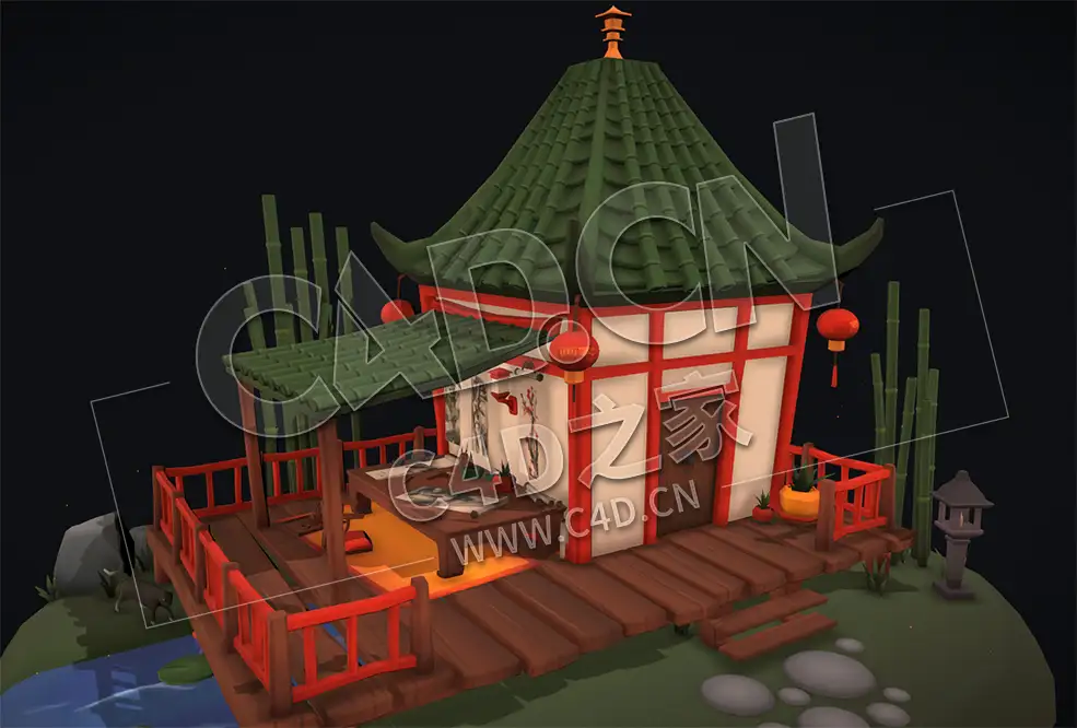 C4D中式卡通房子建筑画家书屋模型 Chinese Painter's Little House
