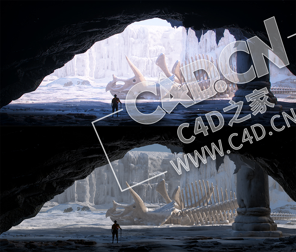 C4D OCTANE冰川恐龙化石冰洞寒冬化石恐龙骨架骨骼模型