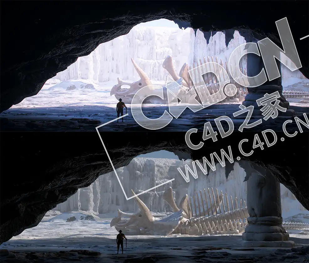 C4D OCTANE冰川恐龙化石冰洞寒冬化石恐龙骨架骨骼模型
