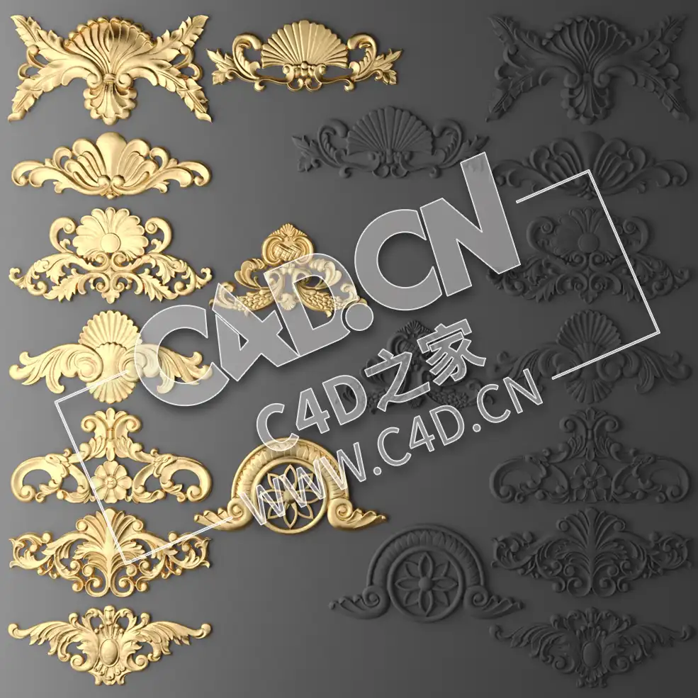 C4D欧式浮雕花构件装饰花件浮雕构件挂件套口雕花立体雕花外墙雕花模型_21 - C4D之家 - 21.jpg