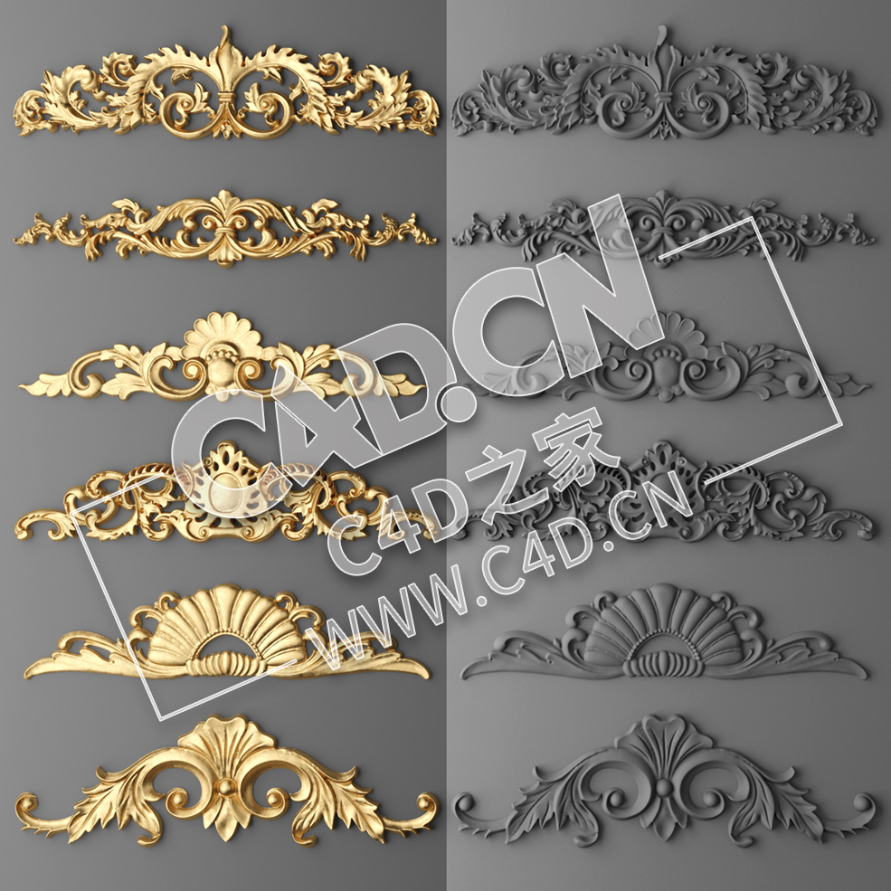 C4D欧式浮雕花构件装饰花件浮雕构件挂件套口雕花立体雕花外墙雕花模型 Cartouches SET - C4D之家 - 27.jpg