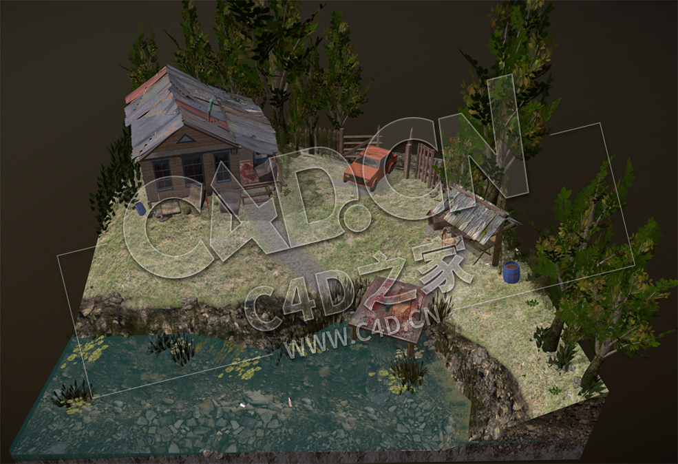 C4D农村房子小木屋模型