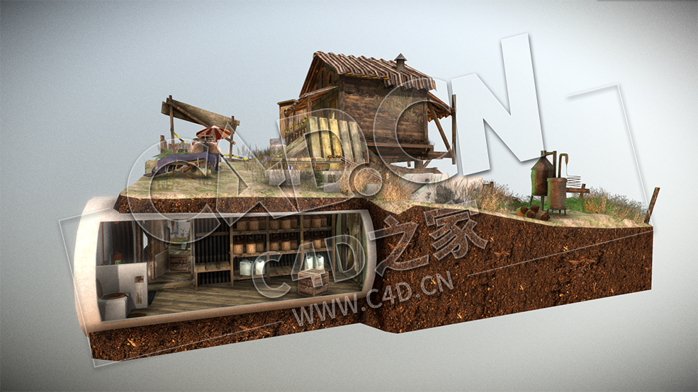 C4D低面小木屋地下仓库模型