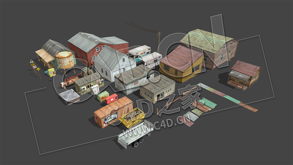 C4D低面破旧石棉瓦房子模型 ZDR_elements