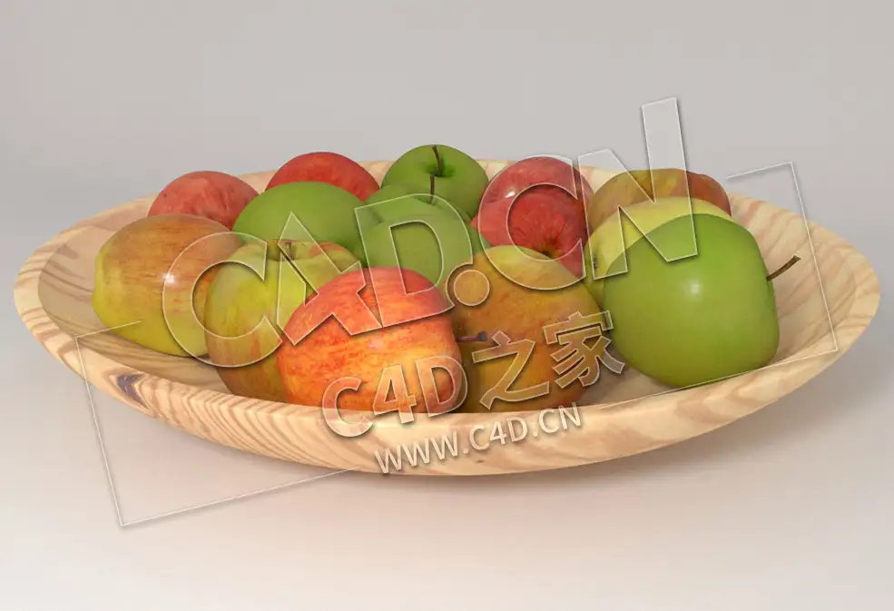 木盘木碗里的水果红苹果青苹果C4D模型 Apples wood bowl